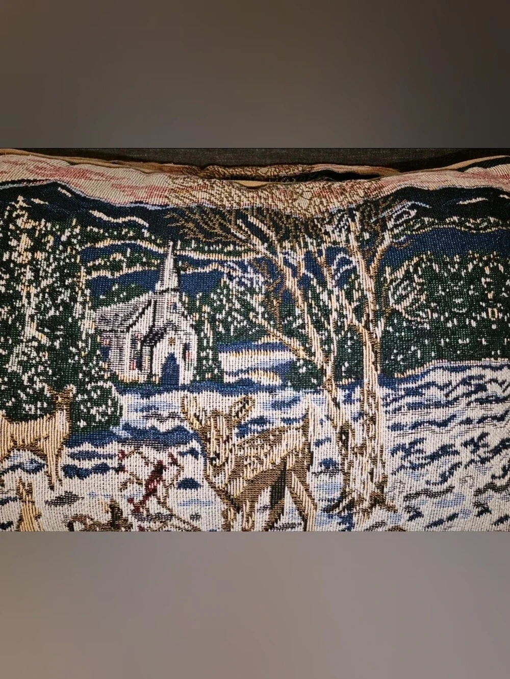 Winter Scene Tapestry Pillow Set of 2 Christmas Deer Church Cardinals Landscape